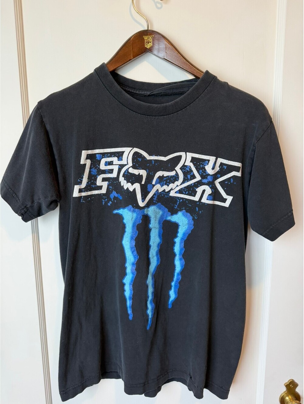 Vintage Y2K Fox Racing Monster Energy T Shirt Faded Black Blue Moto Medium